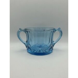 US Glass Company Blue Aunt Polly Open Sugar Bowl Dish Depression Glass Antique